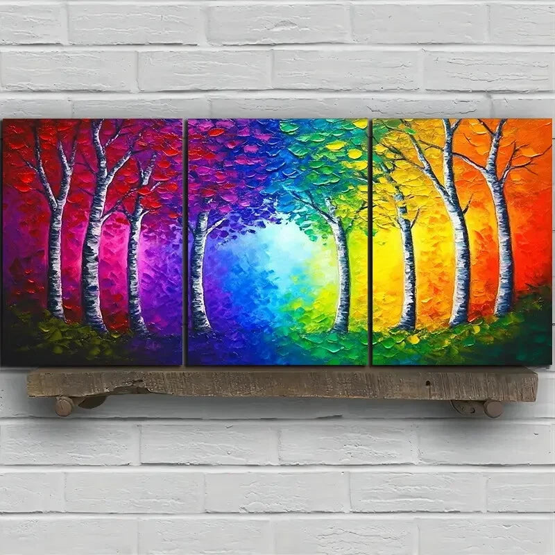 3pcs Mural Painting Set Colorful Trees Metal Print Ready to Hang Art