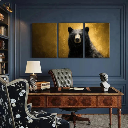 3pcs Black Bear Artwork with Golden Background Metal Print Ready to Hang Art