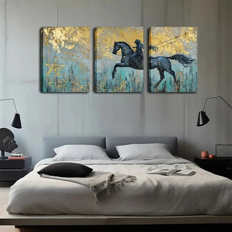 3pcs Realistic Starry Night Black Horse Perfect Wall Art Set Canvas Framed 40x60cm - High Quality Print 100% Australian Made Wall Canvas Ready to Hang