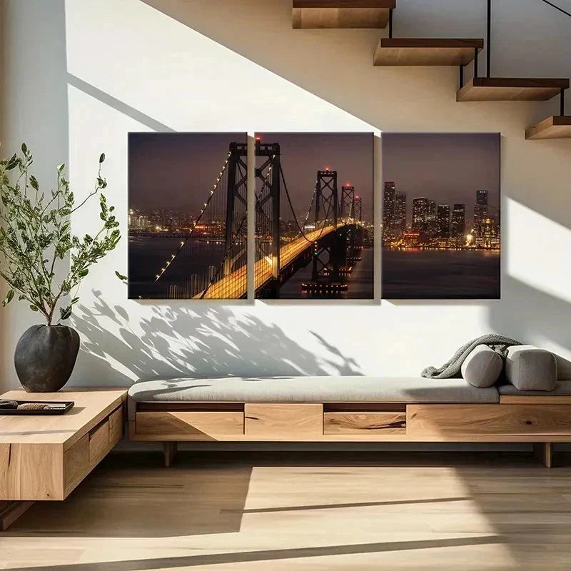 3pcs Golden Gate Bridge at Night View Wall Art Set Canvas Framed 40x60cm - High Quality Print 100% Australian Made Wall Canvas Ready to Hang