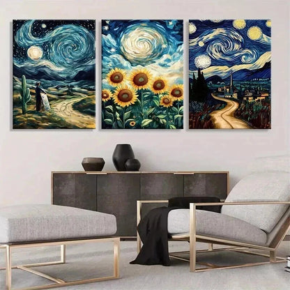 3pcs Starry Night Sunflower Swirl Sky Perfect Wall Art Set Canvas Framed 40x60cm - High Quality Print 100% Australian Made Wall Canvas Ready to Hang