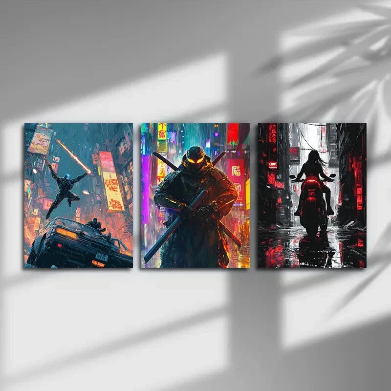 3pcs Vibrant Colorful Urban Bike Car Metal Print Ready to Hang Art