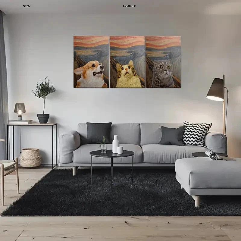 3pcs Cats in The Scream Animal Themed Metal Print Ready to Hang Art