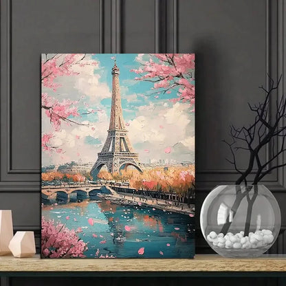 Painting of The Eiffel Tower in Paris Blooming Cherry 40x60cm Metal Print Ready to Hang