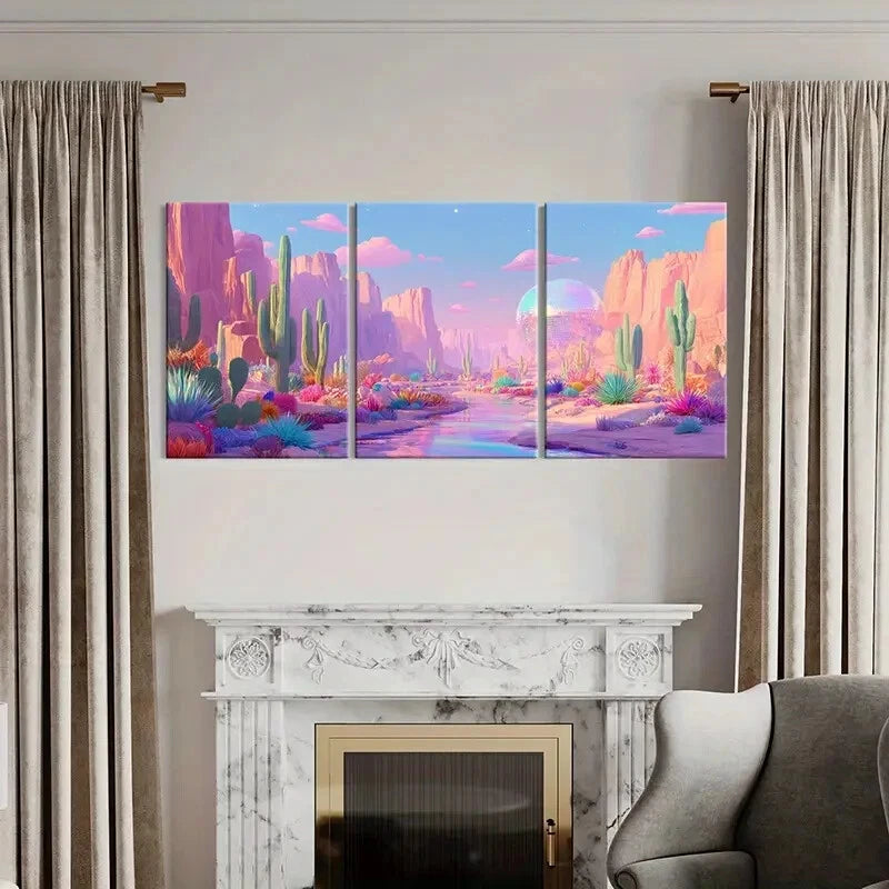3pcs Vibrant Cactus & Rock Formation Art Metal Print Ready to Hang Art