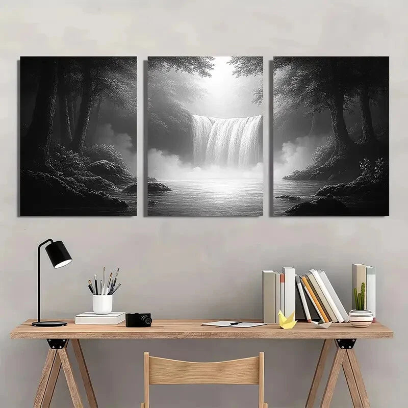 3pcs Black and White Waterfall Forest Scenery Metal Print Ready to Hang Art