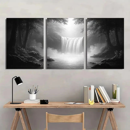 3pcs Black and White Waterfall Forest Scenery Metal Print Ready to Hang Art