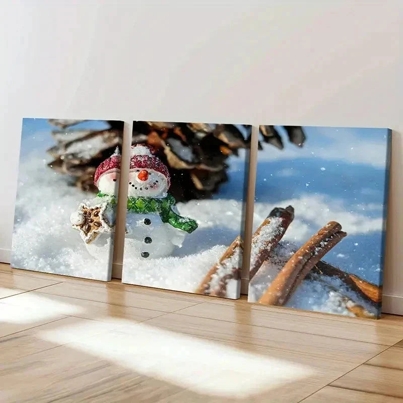 3pcs Winter Christmas Decoration Snowman Wall Art Set Canvas Framed 40x60cm - High Quality Print 100% Australian Made Wall Canvas Ready to Hang