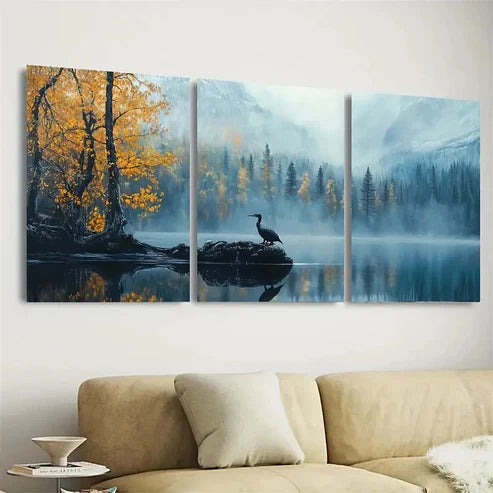 3pcs Serene Lake, Golden-Yellow Leaves Wall Art Set Canvas Unframed - High Quality Print 100% Australian Made Wall Canvas