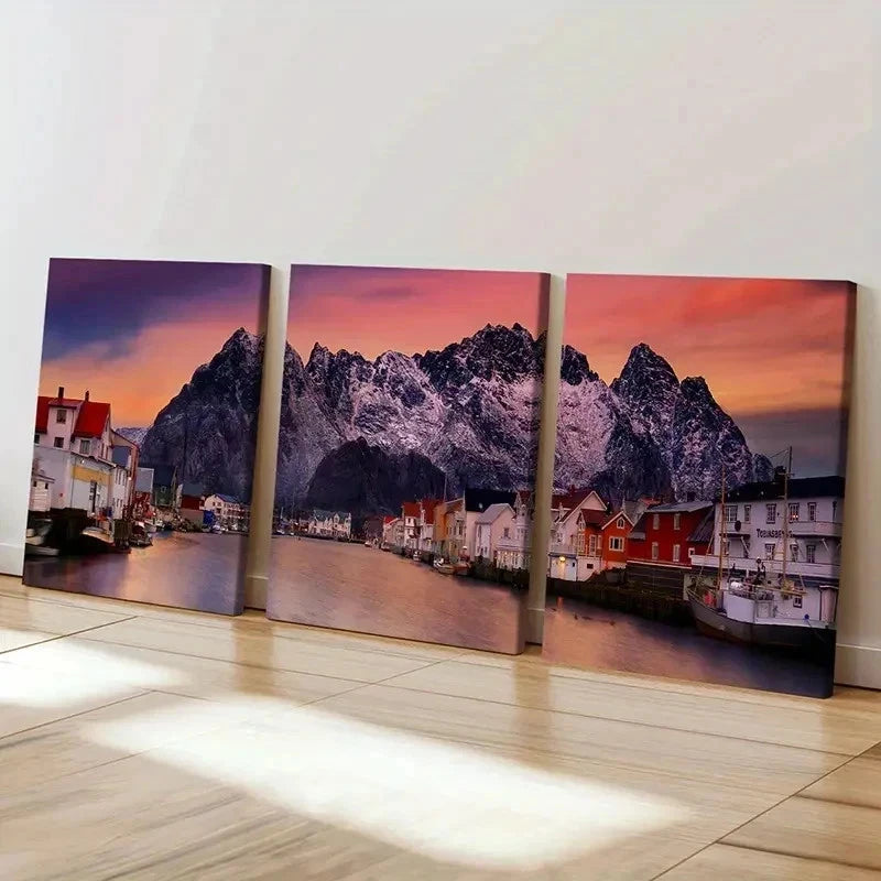 3pcs Mountains Small Town and Lake Wall Art Set Canvas Framed 40x60cm - High Quality Print 100% Australian Made Wall Canvas Ready to Hang