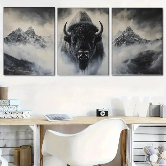 3pcs Majestic Bison And Mountains Wall Art Set Canvas Framed 60x90cm - High Quality Print 100% Australian Made Wall Canvas Ready to Hang