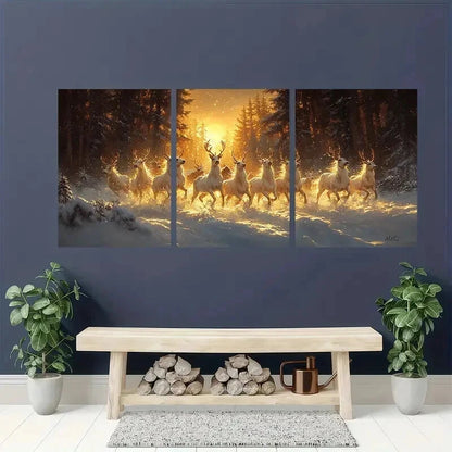 3pcs Charming Winter Village with Snow Deer Wall Art Set Canvas Framed 40x60cm - High Quality Print 100% Australian Made Wall Canvas Ready to Hang