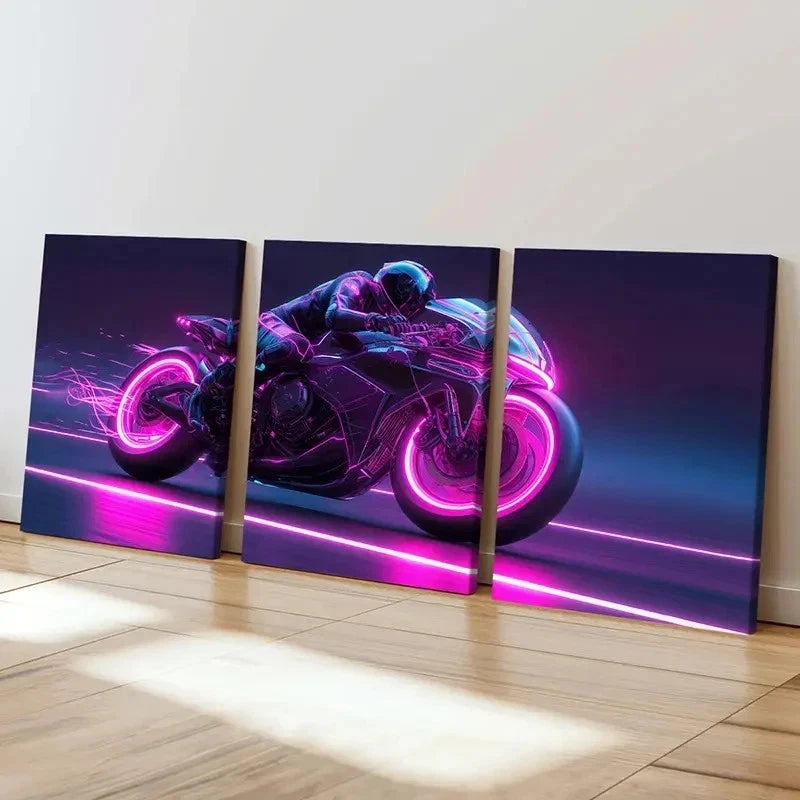 3pcs Cyberpunk Motorcycle Neon Pink & Purple Wall Art Set Canvas Framed 40x60cm - High Quality Print 100% Australian Made Wall Canvas Ready to Hang