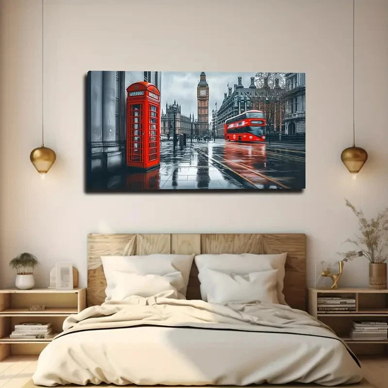 Vibrant Red Street Scene Wall Art Canvas Office Home Room Framed 120x60cm