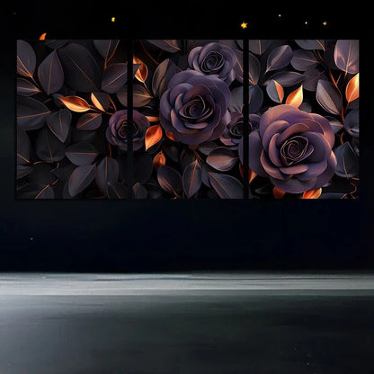 3pcs Purple Roses Golden Leaves Metal Print Ready to Hang Art
