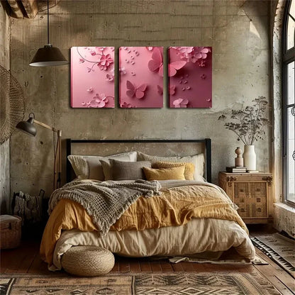 3pcs Modern Pink Butterfly & Floral Perfect Wall Art Set Canvas Framed 40x60cm - High Quality Print 100% Australian Made Wall Canvas Ready to Hang