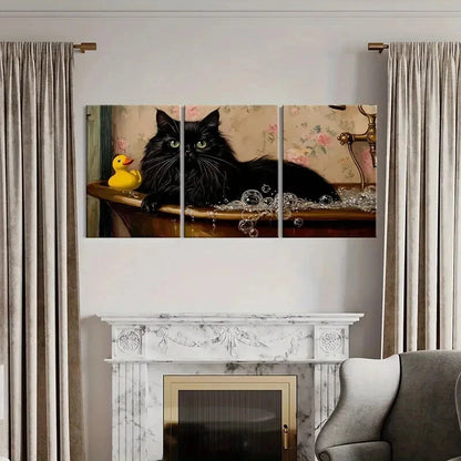 3pcsBlack Cat Bathing Rubber Duck Floral Wallpaper Metal Print Ready to Hang Art