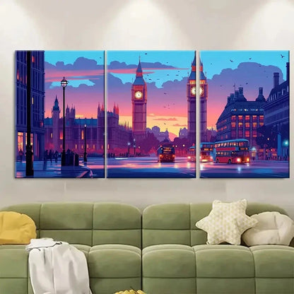 3pcs Vivid Evening Skyline with Red Buses Metal Print Ready to Hang Art