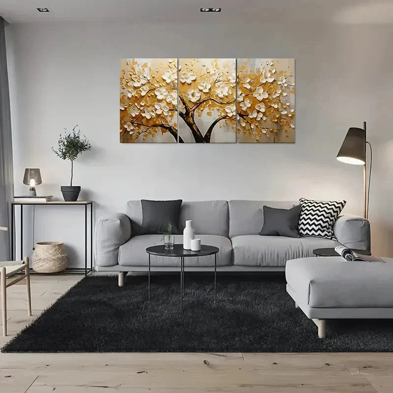 3pcs Golden Blossom Tree Painting Metal Print Ready to Hang Art