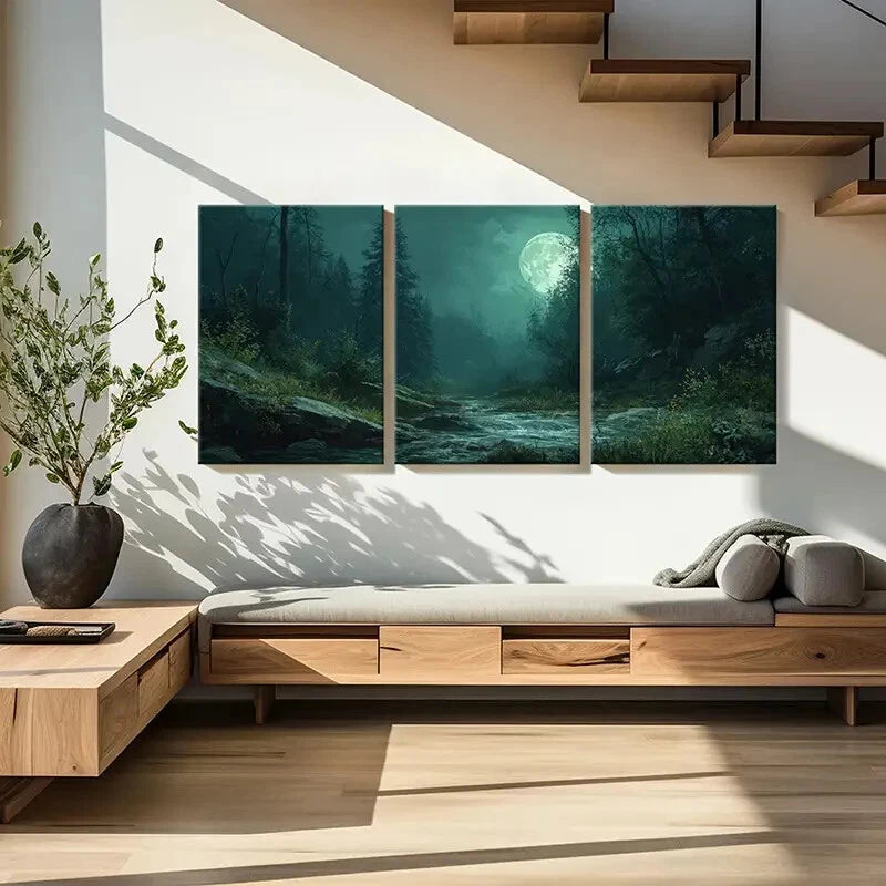 3pcs Moonlit Forest Stream Serene Nature Metal Print Ready to Hang Art