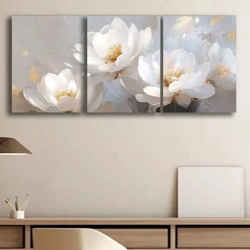 3pcs White Floral Designs Nature Metal Print Ready to Hang Art