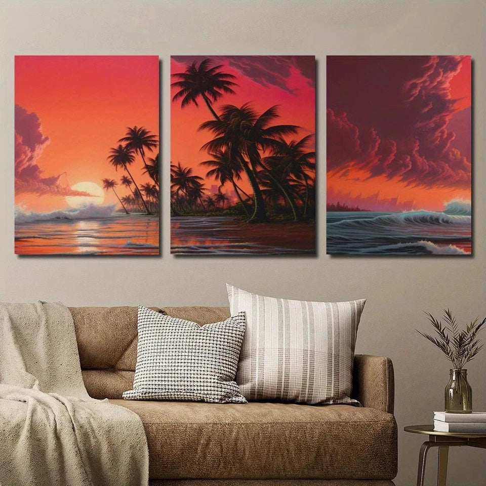 3pcs Tranquil Beach Sunset Tropical Plants Ocean Metal Print Ready to Hang Art