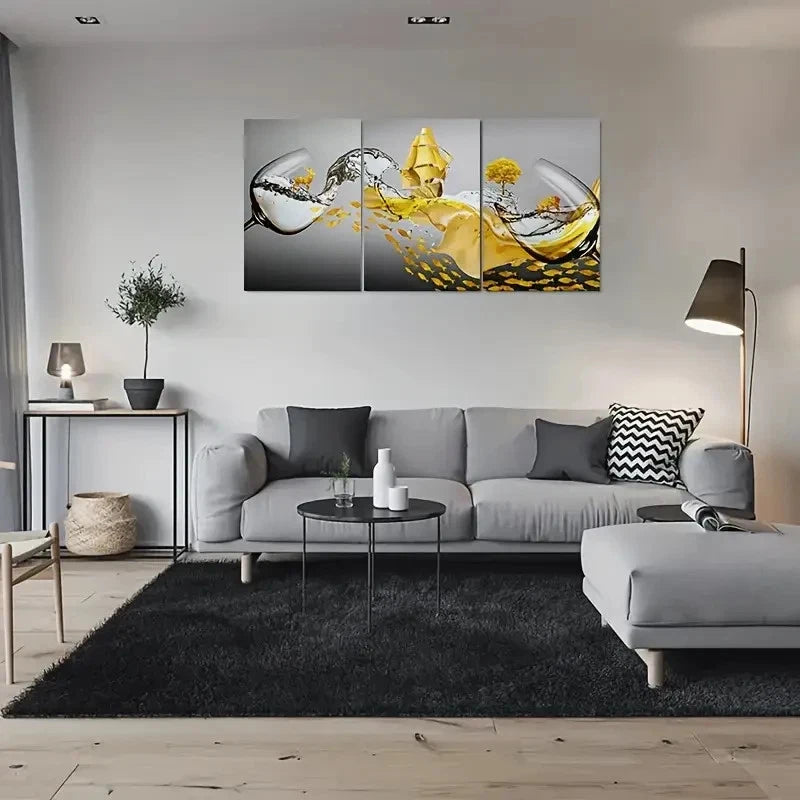 3pcs Wine Glass Splash with Golden Fish Tree Ship Metal Print Ready to Hang Art