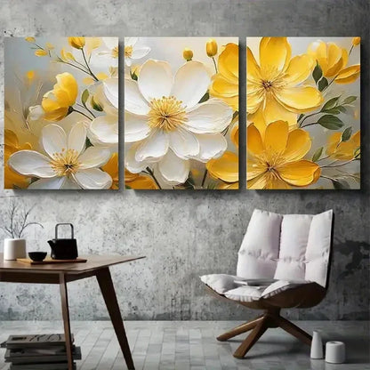 3pcs Vibrant Yellow and White Floral Metal Print Ready to Hang Art