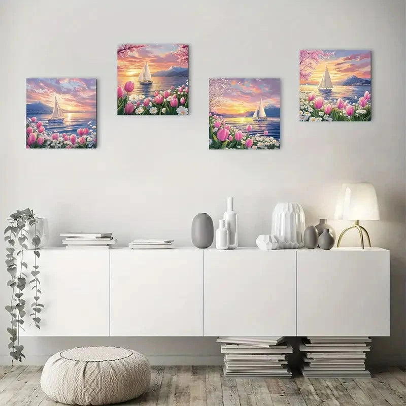 4pcs Sail sunset flowerWall Art Canvas Framed