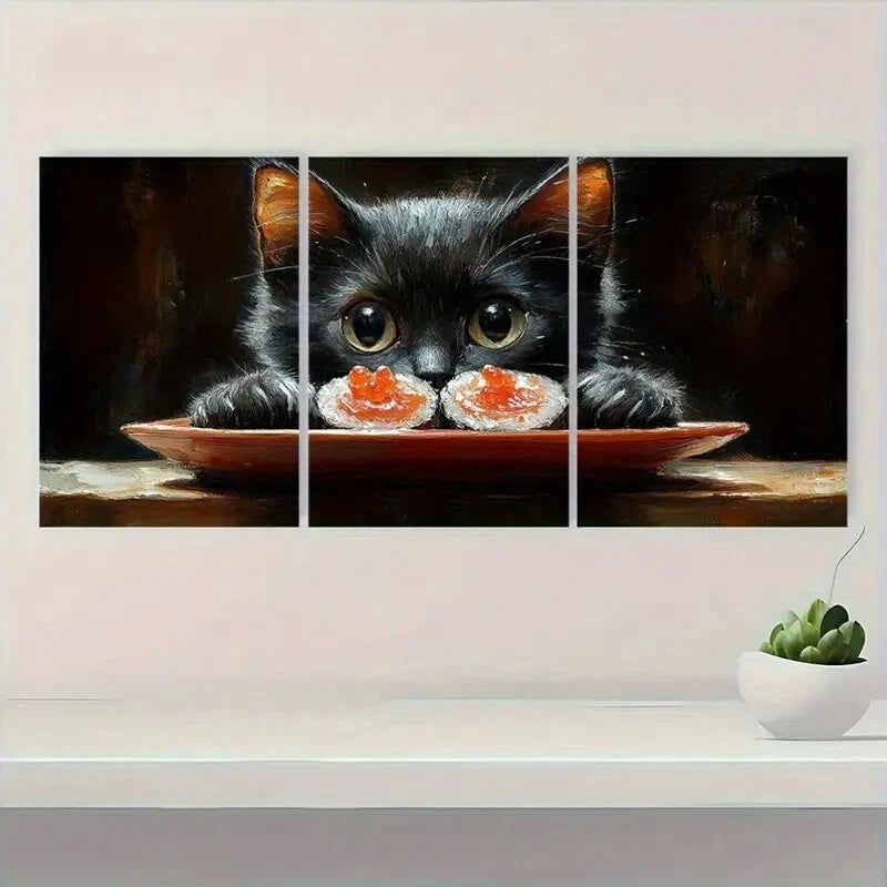 3pcs Charming Black Cat & Sushi Whimsical Metal Print Ready to Hang Art