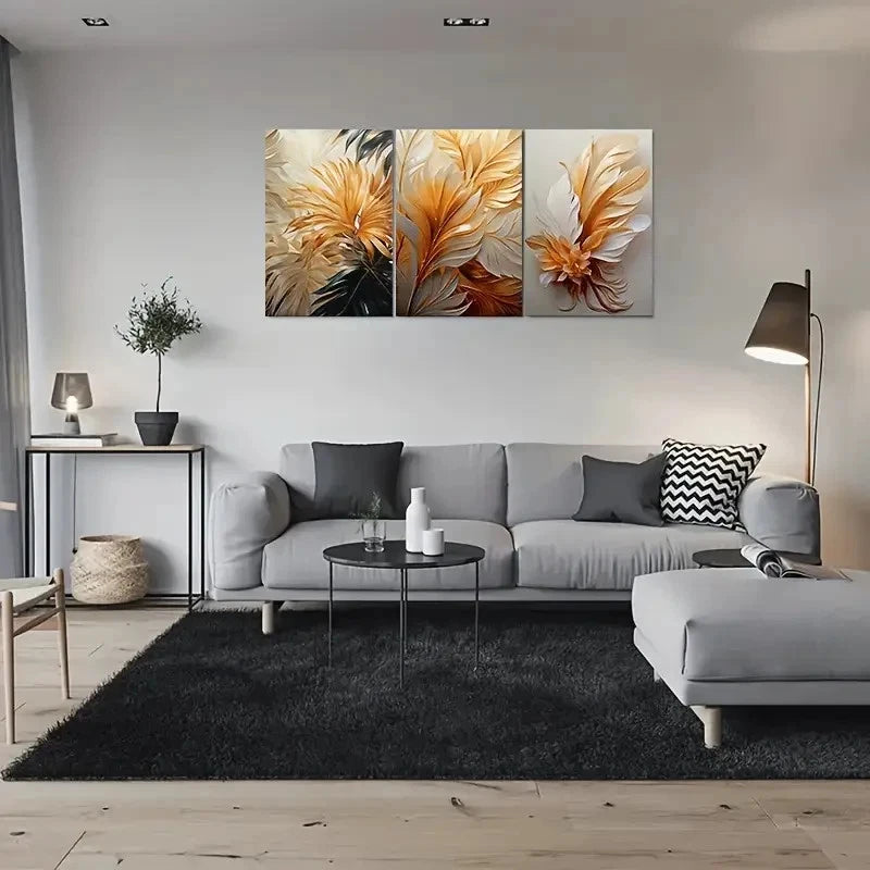 3pcs Abstract Feather Golden White Metal Print Ready to Hang Art