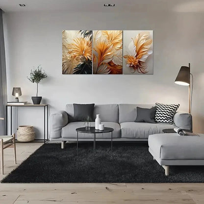 3pcs Abstract Feather Golden White Metal Print Ready to Hang Art