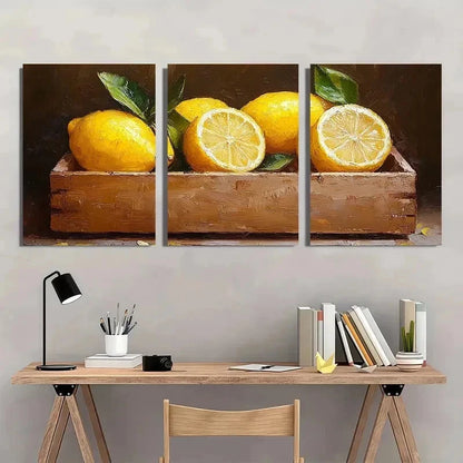 3pcs Lemon Fruits Artwork Neutral Perfect Wall Art Set Canvas Framed 40x60cm - High Quality Print 100% Australian Made Wall Canvas Ready to Hang
