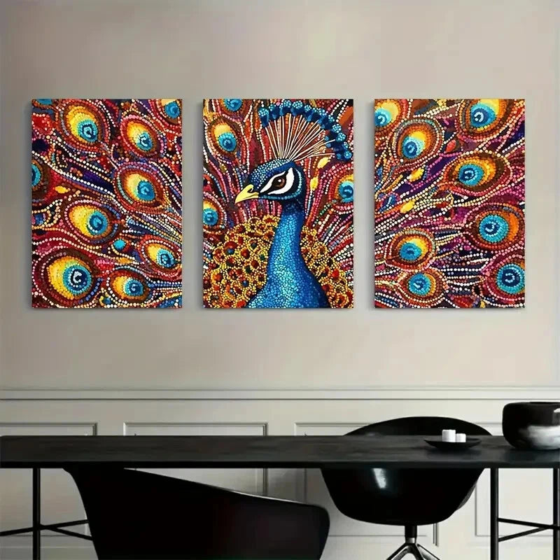 3pcs PeaRooster Feather Colorful Metal Print Ready to Hang Art