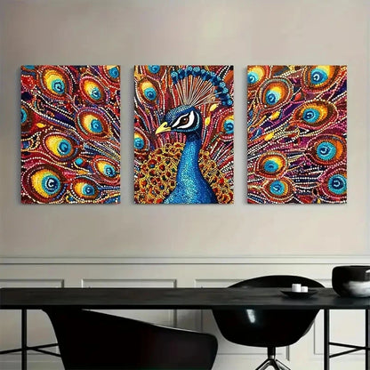 3pcs PeaRooster Feather Colorful Metal Print Ready to Hang Art