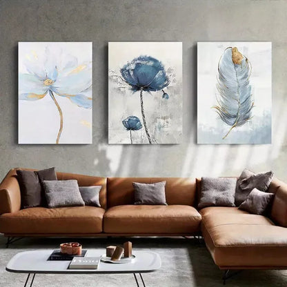 3pcs Blue Floral & Feather Abstract Canvas Framed 40x60cm - High Quality Print 100% Australian Made Wall Canvas Ready to Hang