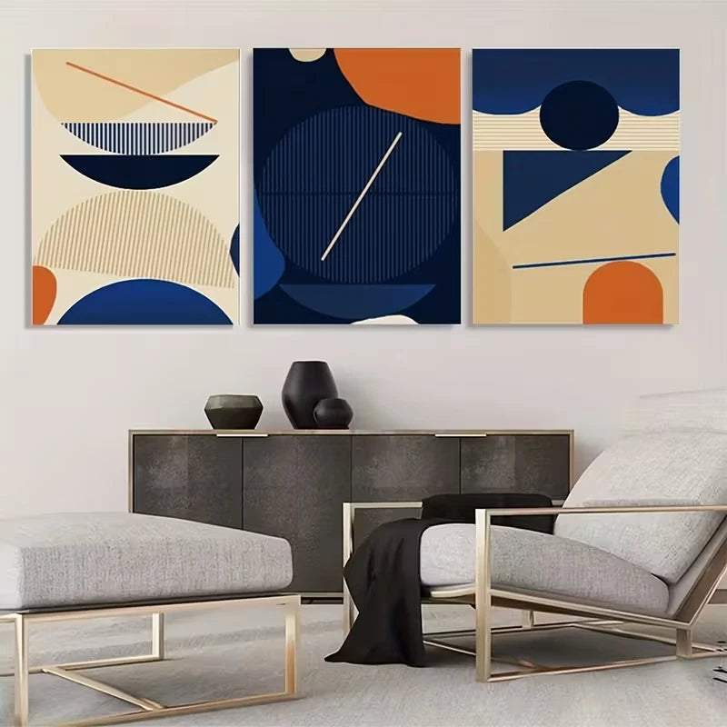 3pcs Blue, Beige, and Orange Geometric Design Wall Art Set Canvas Framed 60x90cm - High Quality Print 100% Australian Made Wall Canvas Ready to Hang