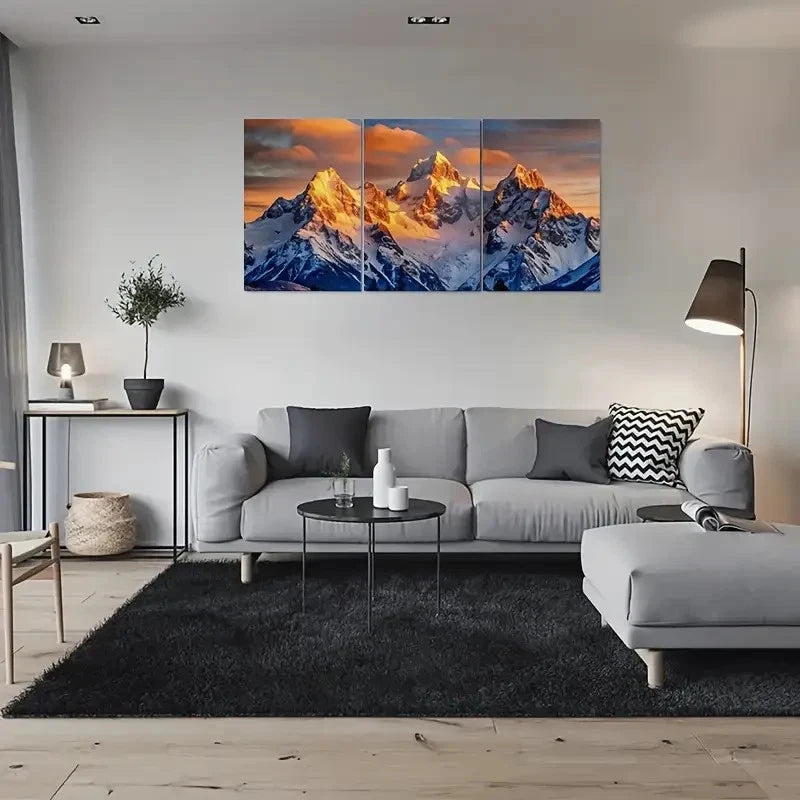 3pcs Golden Sunset Mountain Painting Metal Print Ready to Hang Art