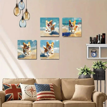 4pcsVibrant Corgi Running on Beach Wall Art Canvas Framed
