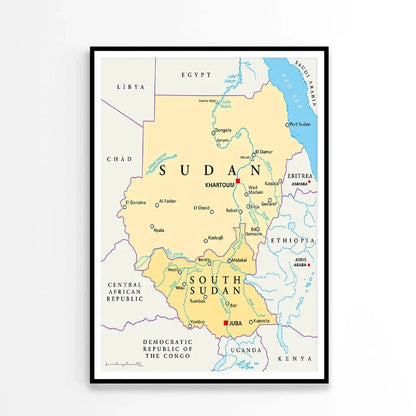 Sudan And South Sudan Political map with details 91x61cm poster AU
