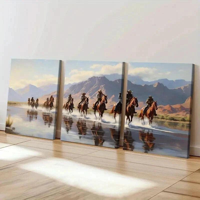 3pcs Cowboys Herd Of Horses River Mountains Wall Art Set Canvas Framed 40x60cm - High Quality Print 100% Australian Made Wall Canvas Ready to Hang