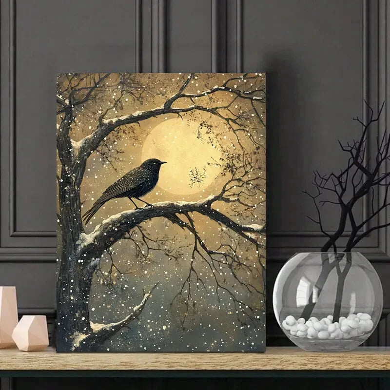 Serene Moonlit Bird & Tree Snowfall Scene with Starry 40x60cm Metal Print Ready to Hang