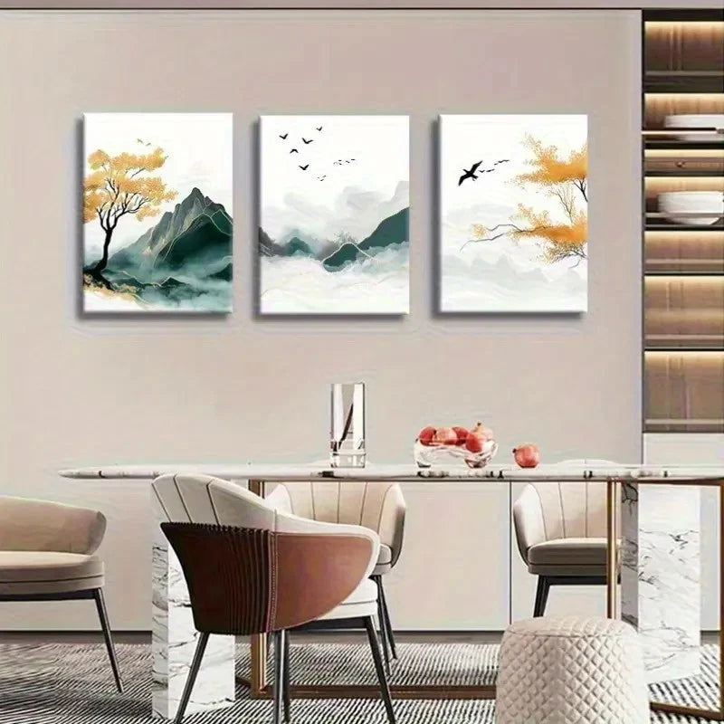 3pcs Serene Nature Scene with Yellow-Green Trees Metal Print Ready to Hang Art
