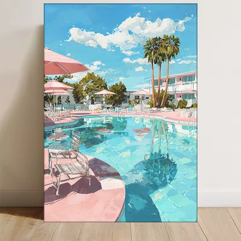 Swimming Pool & Motel Art Painting 60x90cm Metal Print Ready to Hang