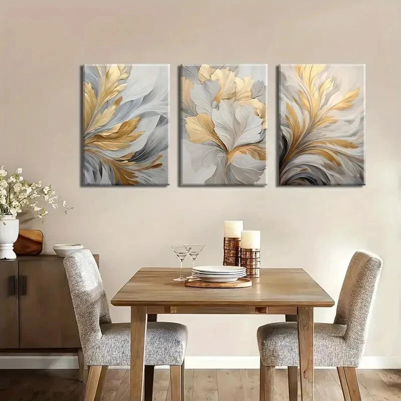 3pcs Modern Abstract Golden & White Metal Print Ready to Hang Art