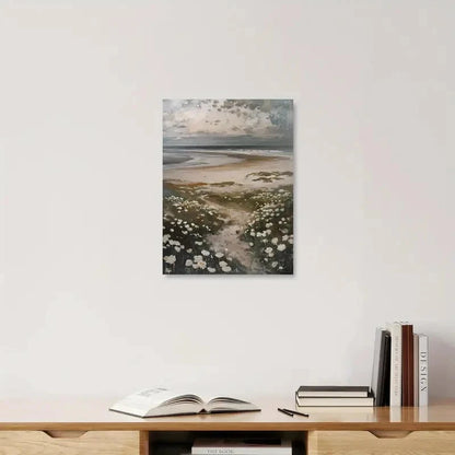 Serene Seashore Bliss With White Florals Painting 40x60cm Metal Print Ready to Hang