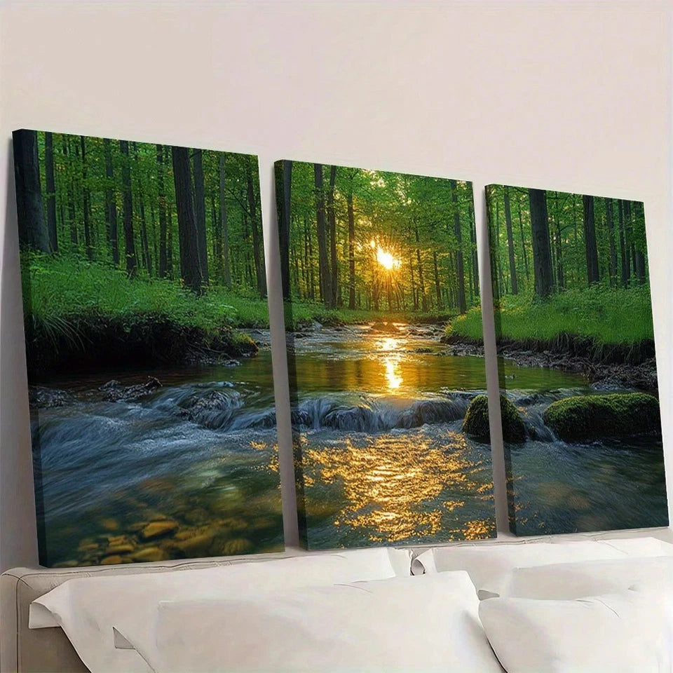 3pcs Serene Forest Sunlit Green Trees River Wall Art Set Canvas Framed 60x90cm - High Quality Print 100% Australian Made Wall Canvas Ready to Hang