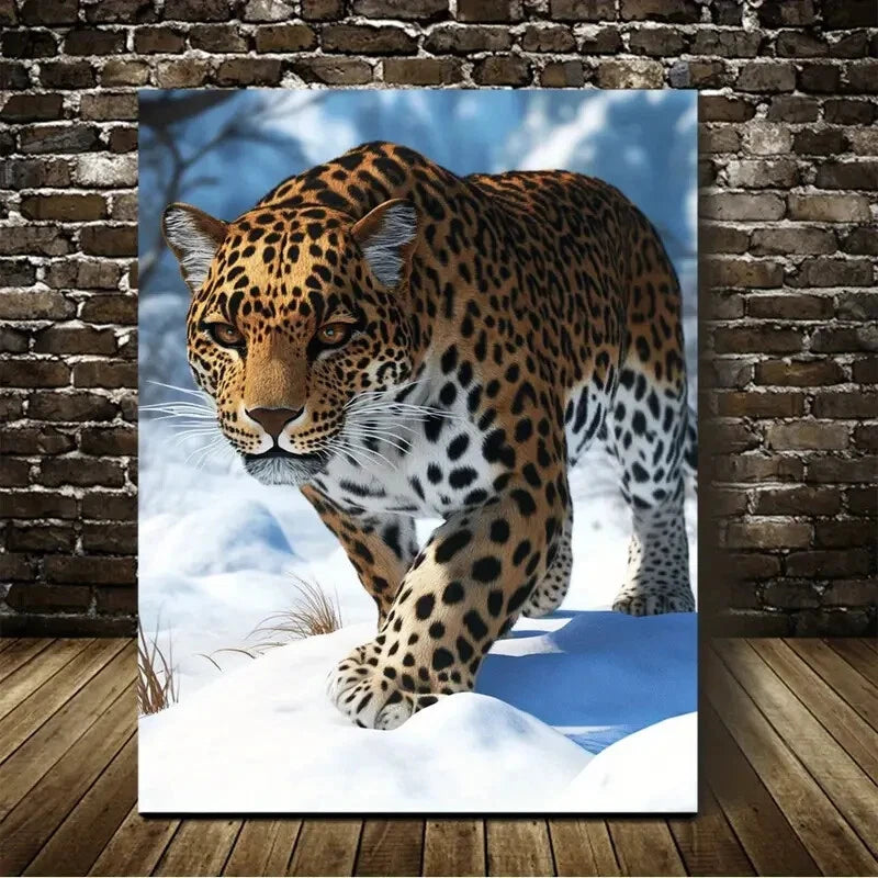 Beautiful African Leopard On The Snow Painting 40x60cm Metal Print Ready to Hang