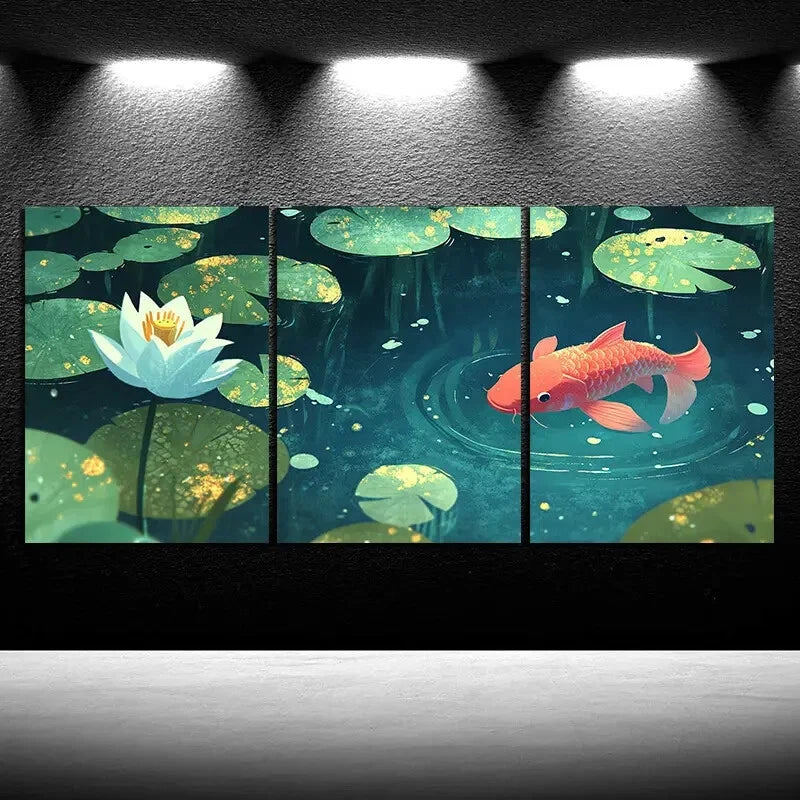 3pcs Koi Swimming in The Pond Metal Print Ready to Hang Art