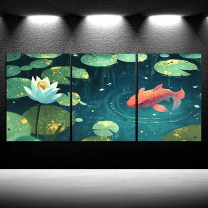 3pcs Koi Swimming in The Pond Metal Print Ready to Hang Art